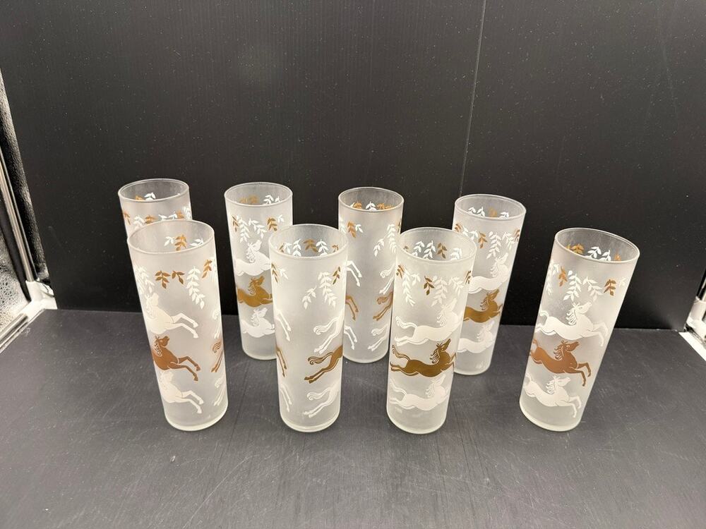 VTG Mid Century Libbey Cavalcade Galloping Horse Tom Collins Cocktail Glasses